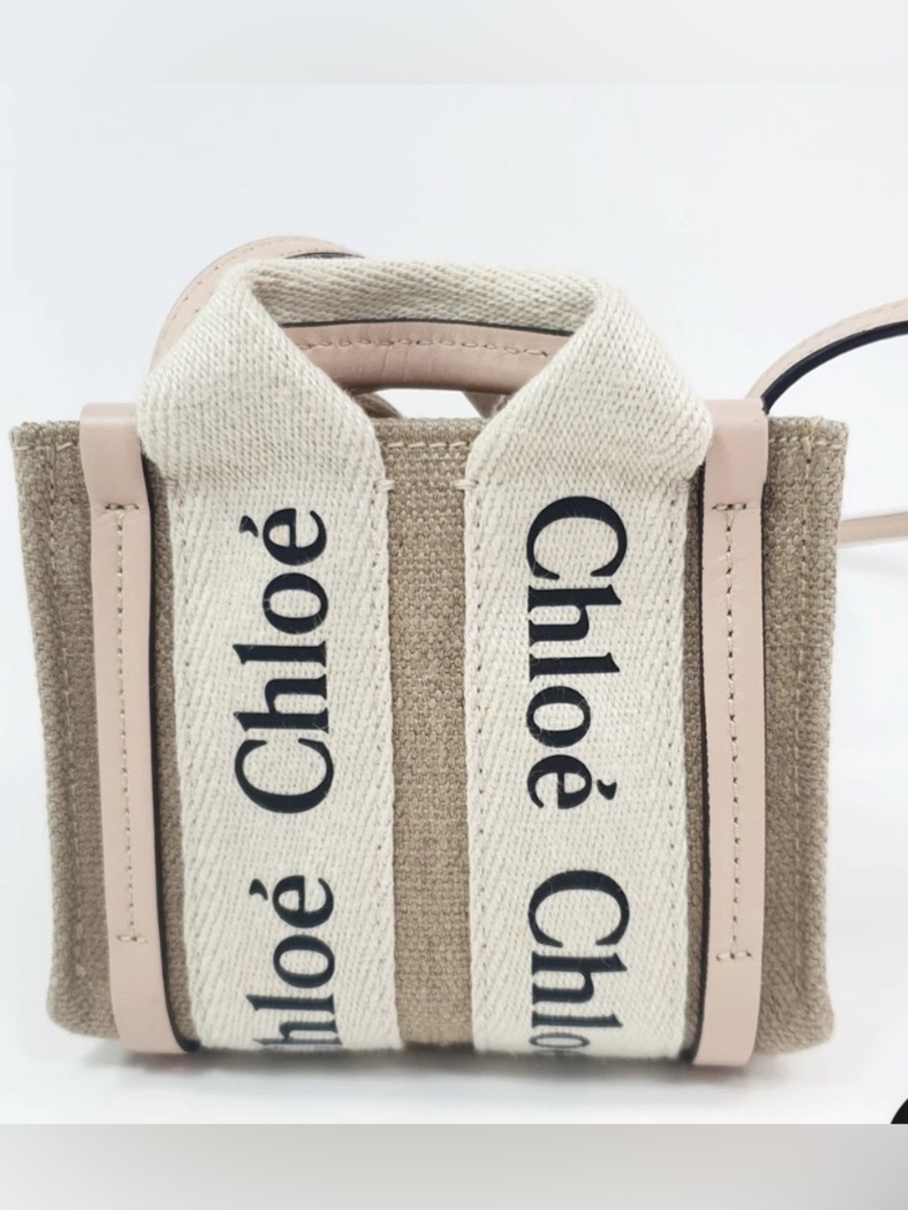 Chloé Beige Canvas Nano Tote with Pale Pink Leather Trim